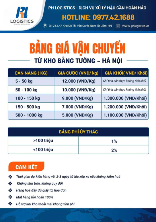 Bảng giá vận chuyển từ Bằng Tường - Hà Nội
